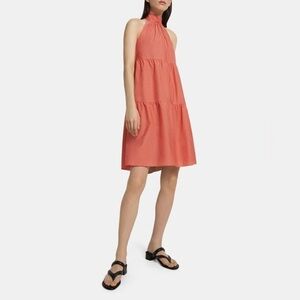 Theory - Tiered Halter Mini Dress in Cotton Blend - Pink Coral Women's Medium